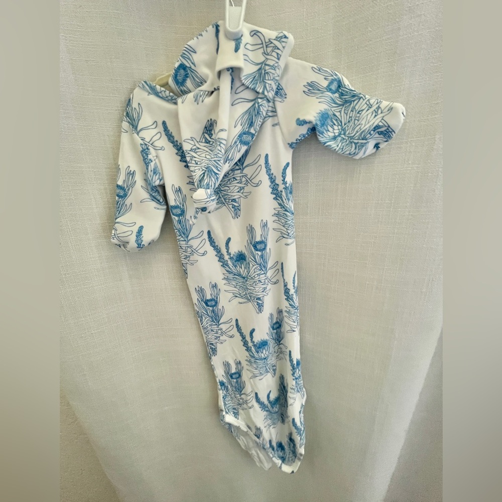 kate quinn White and Blue Floral Infant Gown with Hood